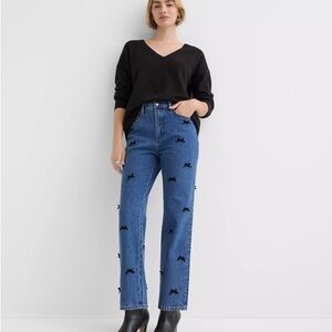 Loft Velvet Bow High Rise Straight Jeans in Bright Mid Indigo Wash.